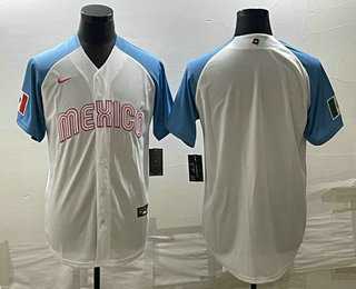 Mens Mexico Baseball Blank 2023 White Blue World Classic Stitched Jerseys